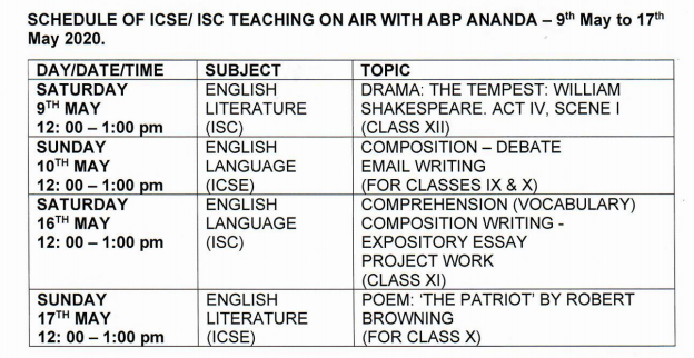 ICSE/ISC ABP Ananda Schedule May 9-17,2020.